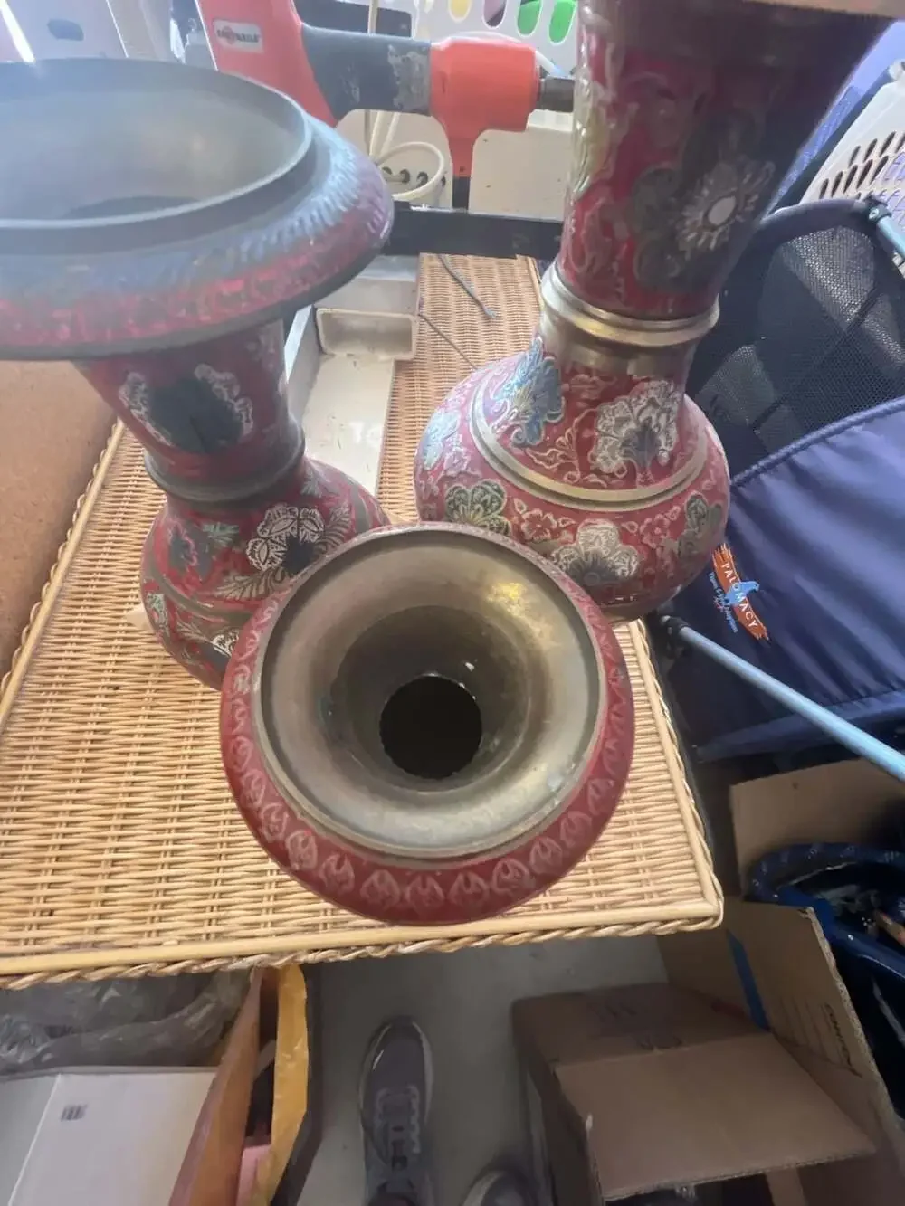 Set of 3 Vintage Indian  Hand-Painted Enamel and Brass Floral Vases